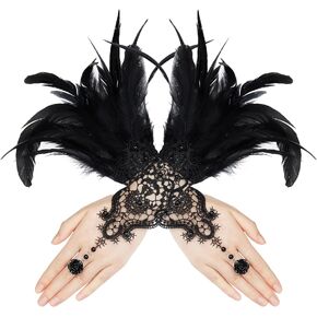 Komorebi Women's Feather Long Lace Gloves Halloween Feathers Lace Gloves Witch Costume Mesh Elbow Gloves