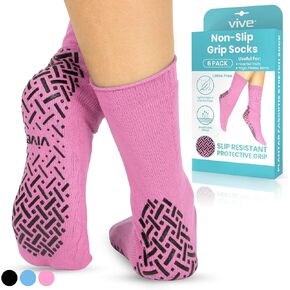Vive Non-Slip Grip Socks (6 Pairs) - Slipper Socks for Women, Men - Anti-Slip Gripper Socks for Hospital, Yoga, Pilates