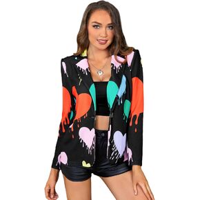 WDIRARA Women's Heart Graphic Print Button Front Long Sleeve Causal Work Blazer Jacket