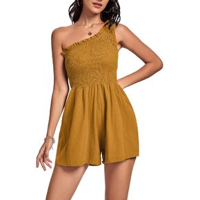 Umenlele Women's One Shouder Sleeveless Trim Smocked High Waist Short Romper Jumpsuit