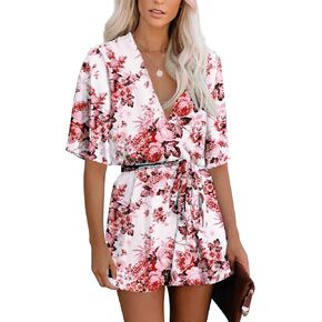 Bonkwa Women's Summer Rompers Floral Print Deep V-Neck Elastic Waist Romper Flared Half Sleeves Short Jumpsuit with Waist Tie