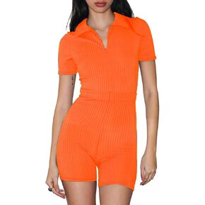 LouVasabuce Women Orange Stripe Playsuit Summer Knit Short Sleeve V Neck Romper Button Down Bodycon One Piece Short Overall