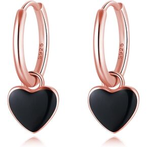 SLUYNZ 925 Sterling Silver Black Heart Hoop Earrings for Women Teen Girls 1.4CM Heart Hoop Dangle Earrings