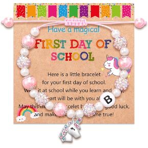 Lanqueen Unicorn Pink Pearl and Shiny Balls Heart Initial A-Z Bracelet Back to School Gifts for Girls/Daughter/Niece/Granddaughter Birthday Christmas Jewelry Gifts for Girls