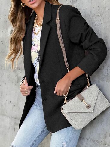 Cicy Bell Women's Woolen Blazer Jackets Casual Long Sleeve Notch Lapel Open Front Work Office Blazers in Kuwait