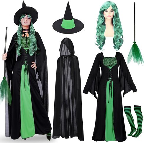 Hercicy 7 Pcs Adult Women Halloween Witch Costume Set Hood Cloak Dress Choker Broom Striped High Socks Wizard Hat Wig in Kuwait