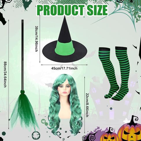 Hercicy 7 Pcs Adult Women Halloween Witch Costume Set Hood Cloak Dress Choker Broom Striped High Socks Wizard Hat Wig in Kuwait