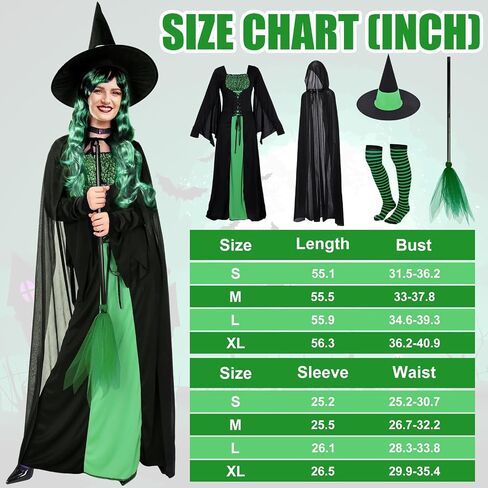 Hercicy 7 Pcs Adult Women Halloween Witch Costume Set Hood Cloak Dress Choker Broom Striped High Socks Wizard Hat Wig in Kuwait