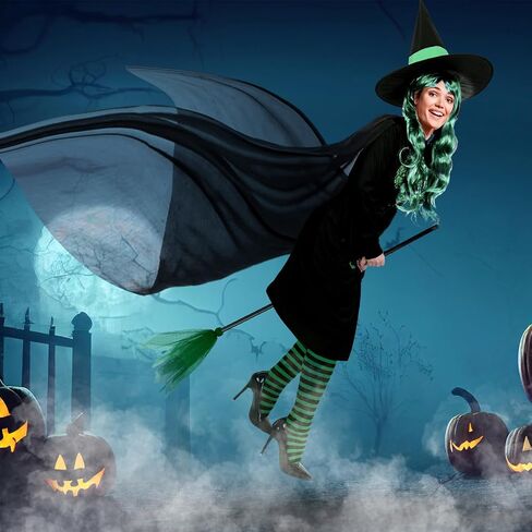 Hercicy 7 Pcs Adult Women Halloween Witch Costume Set Hood Cloak Dress Choker Broom Striped High Socks Wizard Hat Wig in Kuwait