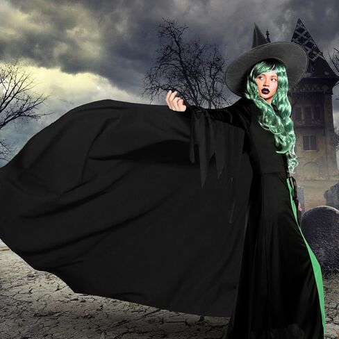 Hercicy 7 Pcs Adult Women Halloween Witch Costume Set Hood Cloak Dress Choker Broom Striped High Socks Wizard Hat Wig in Kuwait