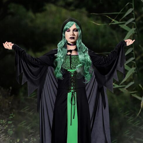 Hercicy 7 Pcs Adult Women Halloween Witch Costume Set Hood Cloak Dress Choker Broom Striped High Socks Wizard Hat Wig in Kuwait