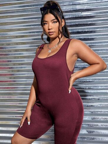 WDIRARA Women's Plus Size Square Neck Sleeveless Bodycon Romper Tank Tops Sexy Short Jumpsuits in Kuwait