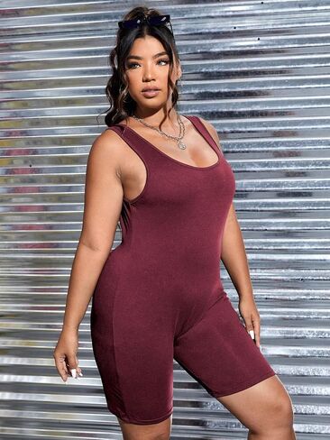 WDIRARA Women's Plus Size Square Neck Sleeveless Bodycon Romper Tank Tops Sexy Short Jumpsuits in Kuwait