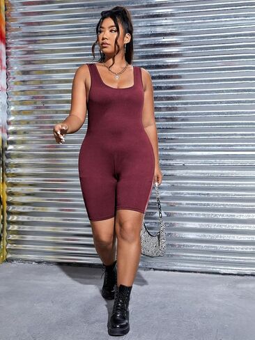 WDIRARA Women's Plus Size Square Neck Sleeveless Bodycon Romper Tank Tops Sexy Short Jumpsuits in Kuwait