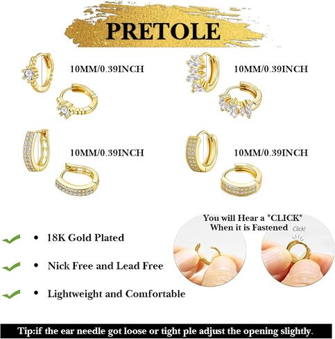 PRETOLE 925 Sterling Silver Hoop Earrings for Women Gold Huggie Hoop Earrings Hypoallergenic Lightweight 14K Gold Plated Mini Hoop Earrings with Cubic Zirconia Small Gold Cartilage Hoops for Girls in Kuwait