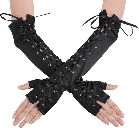 Women Lace Up Fingerless Gloves Long Elbow Lace Up Steampunk Gloves Costume Satin Arm Warmer for Halloween Dress Up in Saudi Arabia