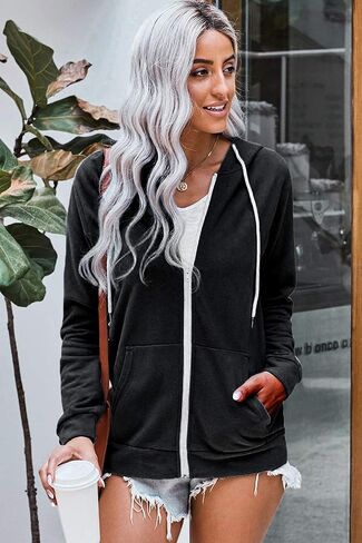 WROLEM Women Casual Full Zip Up Hoodie Comfy Loose Long Sleeve Sweatshirt Solid Color Jacket with Pockets in Kuwait