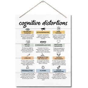 Cognitive Distortions Therapy CBT Decor Sign, Hanging Printed Wood Signs, School Psychologist Wall Art for Office Decor, Counselor Office Decor, Psychologist CBT Bias Anxiety Social Worker 10X7.8inch