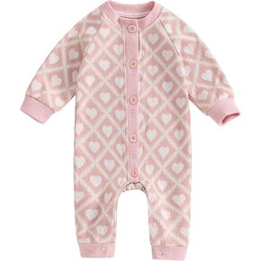 Ynibbim Newborn Baby Girl Sweater One-Piece Romper Fall Outfits Infant Long Sleeve Round Neck Heart Print Jumpsuit Clothes