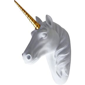 Animal Head Wall Decor White Faux Furry/Felt/Velvety Resin Unicorn Head Wall Art with Gold Horn for Wall Mount Decoration 5" x 8" x 13"