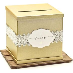 Hayley Cherie® - Gold Gift Card Box with White Lace and Cards Label - Gold Textured Finish - Large Size 10" x 10" - Perfect for Weddings, Baby Showers, Birthdays, Graduations in Kuwait