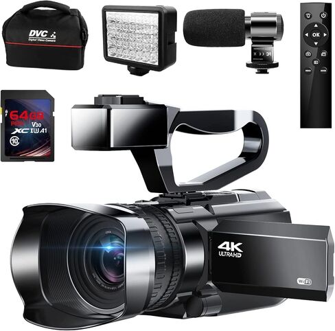 Camcorder Video Camera 4K 64MP 60FPS 18X Digital Zoom Video Camera Vlogging Camera for YouTube Video Camera for Filming with WIFI, Webcam, Microphone, Stabilizer, 64G SD Card, Remote Control in Kuwait