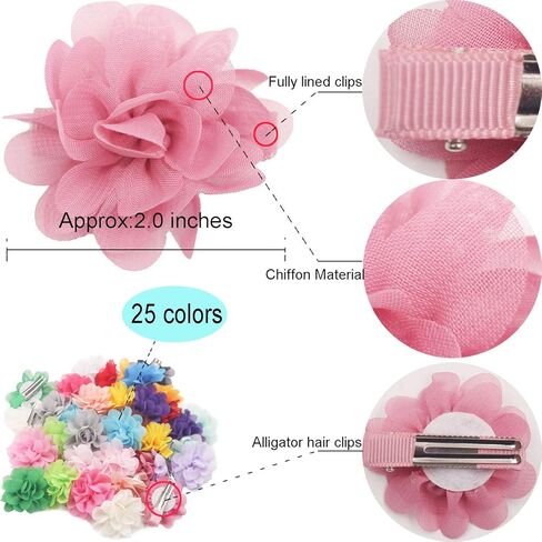 كيرل 50 قطعة من مشابك الشعر على شكل زهرة الشيفون مقاس 2 انش، مشابك شعر مبطنة بالكامل، مشابك شعر للبنات الرضع والاطفال الصغار في ازواج، 50 قطعة in Kuwait