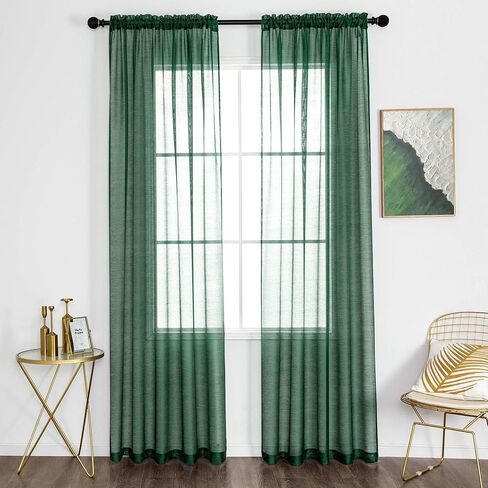 DUALIFE Emerald Green Sheer Curtains 84 inch Length Hunter Green Solid Voile Window Curtain Panels Drapes Rod Pocket Top for Living Room Bedroom Transparent Window Treatments 2 Panels in Kuwait