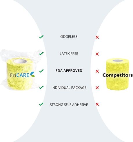 FriCARE Latex Free Self Adhesive Bandage, Medical Supplies First Aid Tape Self-Adherent Cohesive Bandages, Non-Woven Elastic Athletic Spat Tape Vet Wrap Fluorescent Yellow 6 Rolls 2 Inches x 5 Yards in Kuwait