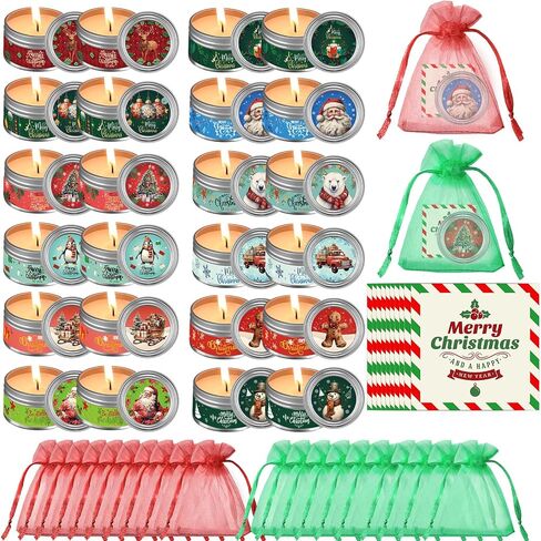 MTLEE 24 Sets Christmas Scented Candles Gift Sets Natural Soy Wax 2 oz Christmas Candle with Mesh Bags and Christmas Cards Aromatherapy Holiday Candles for Home Mom Women Sister Birthday Xmas in Saudi Arabia