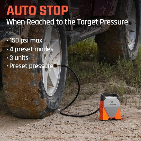 ضاغط هواء محمول منفاخ الإطارات ETENWOLF ZEPHYR S3 مع بطارية 7800 مللي أمبير في الساعة ودورة عمل 100%، مضخة هواء للسيارات والشاحنات الصغيرة وسيارات الدفع الرباعي والدراجات والكرات in Kuwait