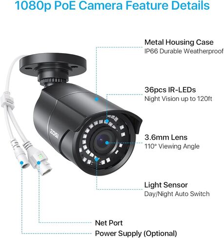 ZOSI H.265+2MP Security POE Camera, 1920x1080, 120ft Night Vision, 3.6mm Lens, IP67 Weatherproof Indoor Outdoor IP Camera 1080p (Only work with ZOSI PoE NVR,Model: 1AR-08EM-00/10/20-US) in Saudi Arabia