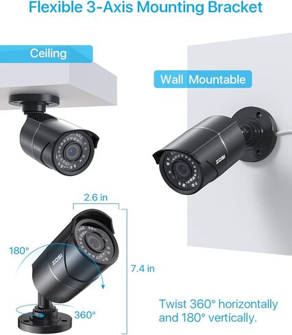ZOSI H.265+2MP Security POE Camera, 1920x1080, 120ft Night Vision, 3.6mm Lens, IP67 Weatherproof Indoor Outdoor IP Camera 1080p (Only work with ZOSI PoE NVR,Model: 1AR-08EM-00/10/20-US) in Saudi Arabia
