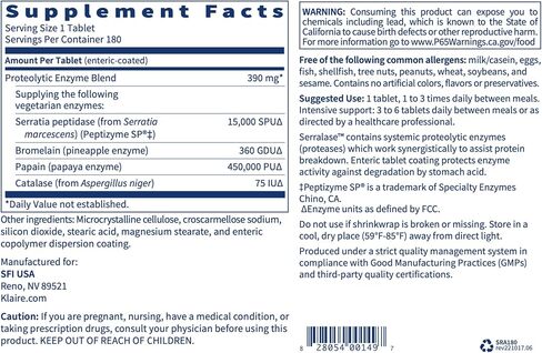 Klaire Labs Serralase - Vegetarian Proteolytic Enzyme Blend with Serratia Peptidase & Bromelain for Digestion, Sourced from Papaya & Pineapple, Hypoallergenic (90 Enteric Coated Tablets) in Saudi Arabia