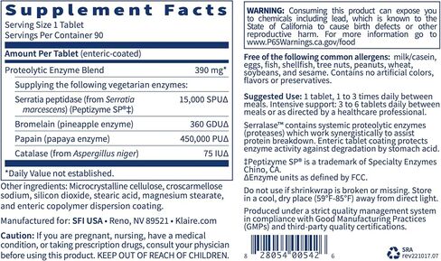 Klaire Labs Serralase - Vegetarian Proteolytic Enzyme Blend with Serratia Peptidase & Bromelain for Digestion, Sourced from Papaya & Pineapple, Hypoallergenic (90 Enteric Coated Tablets) in Saudi Arabia