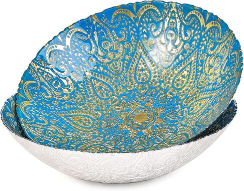 sungmor 2PC 125 أوقية زجاج سلطة خلط السلطانية 12.5 "ضياء. وعاء فاكهة كبير، طلاء جميل باللون الأزرق الذهبي وعاء تقديم زجاجي، أوعية تخزين مزخرفة عرض صينية للمعكرونة والحلويات النباتية والوجبات الخفيفة in Kuwait