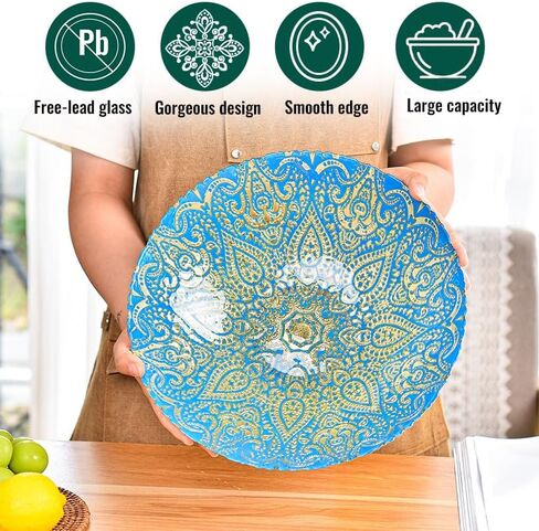 sungmor 2PC 125 أوقية زجاج سلطة خلط السلطانية 12.5 "ضياء. وعاء فاكهة كبير، طلاء جميل باللون الأزرق الذهبي وعاء تقديم زجاجي، أوعية تخزين مزخرفة عرض صينية للمعكرونة والحلويات النباتية والوجبات الخفيفة in Kuwait