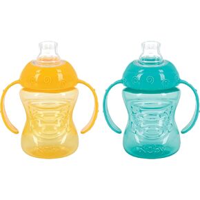 Nuby Two-Handle No-Spill Super Spout Grip N' Sip Cups, 8 Ounce (2 Count, Yellow, Aqua)