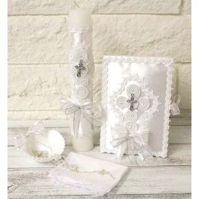 مجموعة شموع انيقة مصنوعة يدويا مكونة من 5 قطع من الدانتيل، صدف التعميد والتعميد، مجموعة هدايا للبنات والاولاد باللون الابيض مجموعة دي باوتيزو اسبانول نينا نينو بالمعمودية بالتواصل مع الدانتيل، صندوق in Kuwait