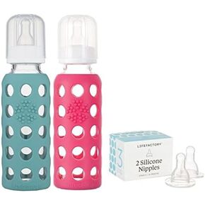 Lifefactory 9oz Glass Baby Bottle 2pk Bundle with 2 Stage 3 Nipples (Kale/Raspberry)