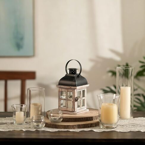 فوانيس شموع مزخرفة من Staymoment Farmhouse - حامل شموع خشبي ريفي داخلي لديكور الخريف، عيد الميلاد وحفلات الزفاف والهالوين، 8.4 بوصة ديكور منزلي معلق، أسود وأبيض in Kuwait