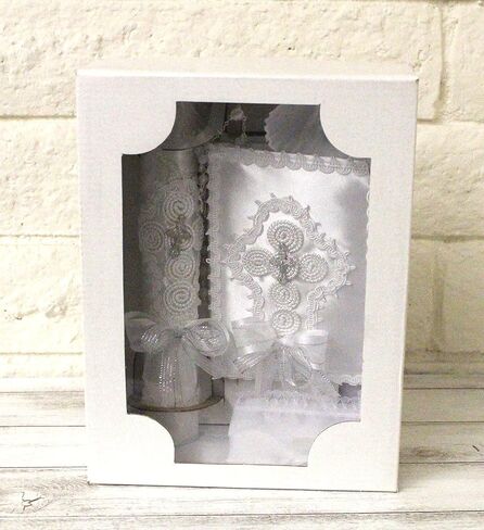 مجموعة شموع انيقة مصنوعة يدويا مكونة من 5 قطع من الدانتيل، صدف التعميد والتعميد، مجموعة هدايا للبنات والاولاد باللون الابيض مجموعة دي باوتيزو اسبانول نينا نينو بالمعمودية بالتواصل مع الدانتيل، صندوق in Kuwait