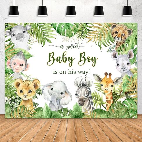 Aperturee 7x5ft Jungle Safari Animals Baby Shower Backdrop Baby Boy is On His Way It's a Boy Photography Background Green Leaves Photo Booth Studio Cake Table Banner Party Decorations Props Supplies in Saudi Arabia