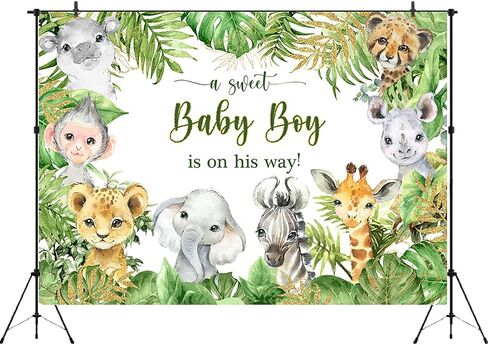 Aperturee 7x5ft Jungle Safari Animals Baby Shower Backdrop Baby Boy is On His Way It's a Boy Photography Background Green Leaves Photo Booth Studio Cake Table Banner Party Decorations Props Supplies in Saudi Arabia