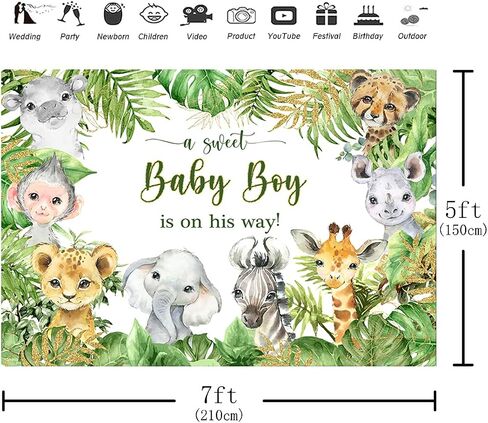 Aperturee 7x5ft Jungle Safari Animals Baby Shower Backdrop Baby Boy is On His Way It's a Boy Photography Background Green Leaves Photo Booth Studio Cake Table Banner Party Decorations Props Supplies in Saudi Arabia