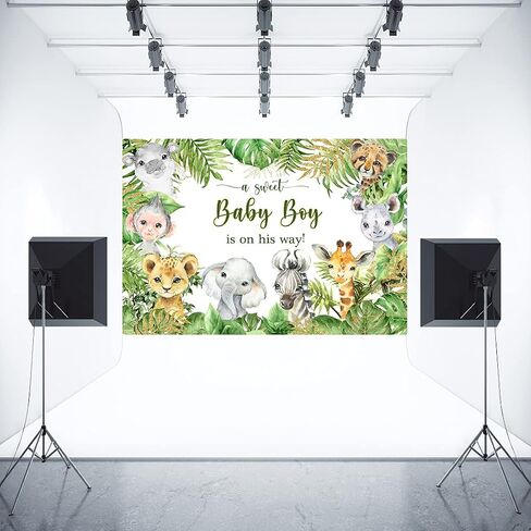 Aperturee 7x5ft Jungle Safari Animals Baby Shower Backdrop Baby Boy is On His Way It's a Boy Photography Background Green Leaves Photo Booth Studio Cake Table Banner Party Decorations Props Supplies in Saudi Arabia