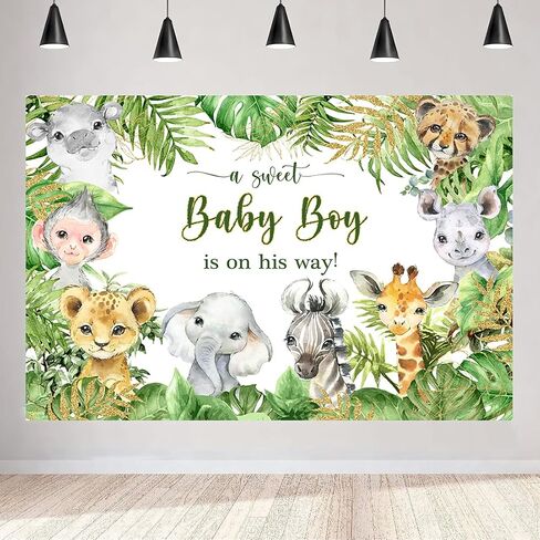 Aperturee 7x5ft Jungle Safari Animals Baby Shower Backdrop Baby Boy is On His Way It's a Boy Photography Background Green Leaves Photo Booth Studio Cake Table Banner Party Decorations Props Supplies in Saudi Arabia