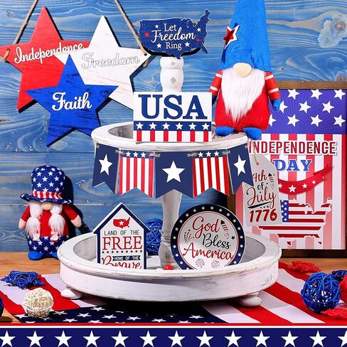 11 قطعة ديكور صينية متدرجة في الرابع من يوليو، ديكور صيني متدرج وطني علامات خشبية ديكورات منزلية للمزرعة ليوم الذكرى النجمة الأمريكية أحمر أبيض أزرق الديكور لا يشمل التماثيل (أبيض أزرق أحمر) in Kuwait