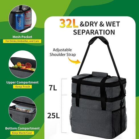 حقيبة تبريد 45 علبة للرجال والنساء، صندوق غداء معزول بطابقين كبير قابل للتوسيع سعة 32 لتر، حقيبة غداء تبريد مضادة للتسرب وقابلة لإعادة الاستخدام، مناسبة للتخييم/النزهة/رحلات الطريق، رمادي داكن in Kuwait