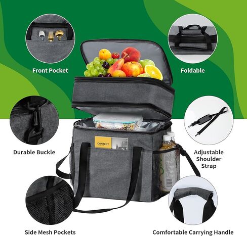 حقيبة تبريد 45 علبة للرجال والنساء، صندوق غداء معزول بطابقين كبير قابل للتوسيع سعة 32 لتر، حقيبة غداء تبريد مضادة للتسرب وقابلة لإعادة الاستخدام، مناسبة للتخييم/النزهة/رحلات الطريق، رمادي داكن in Kuwait